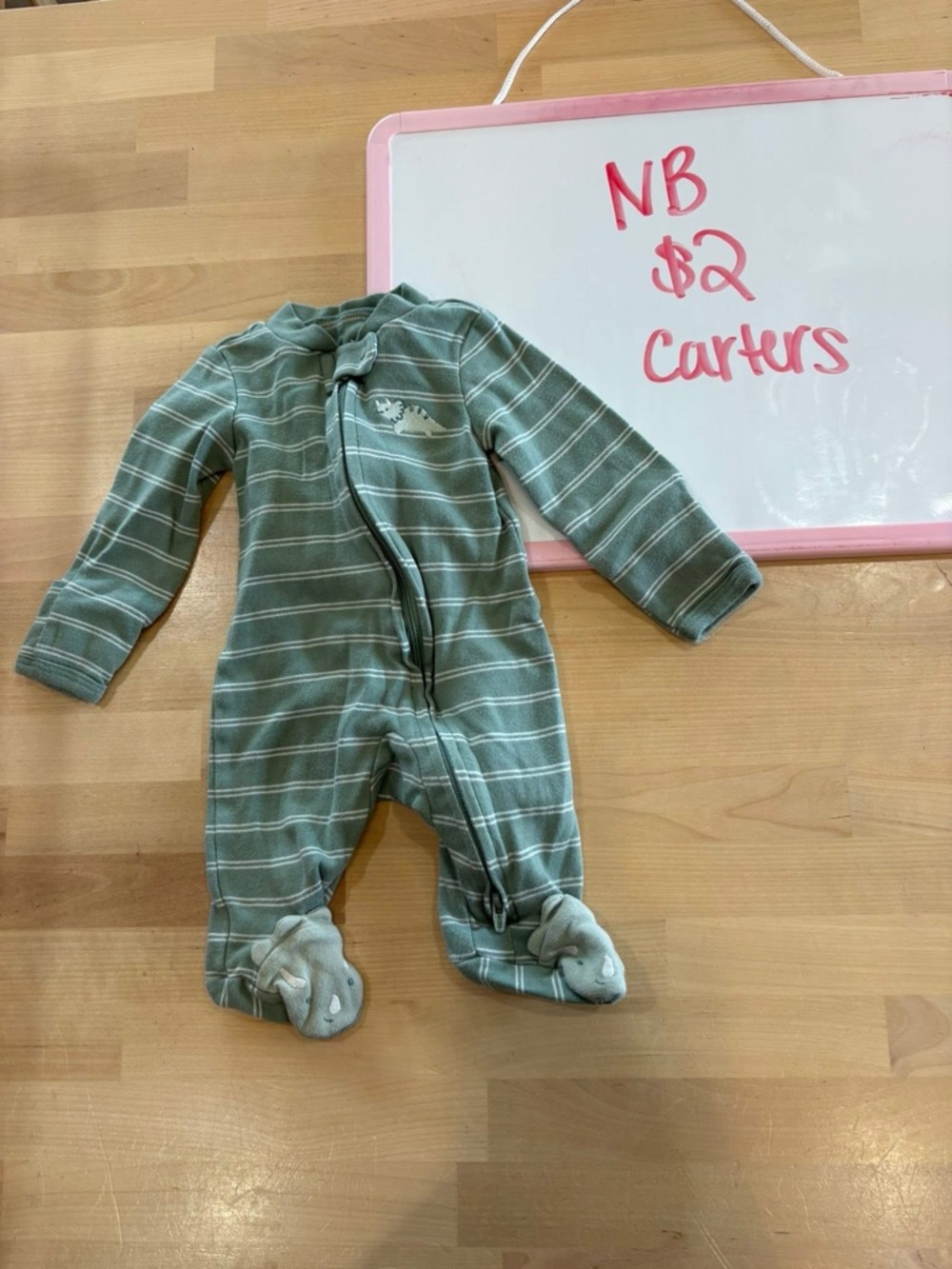 Carter's Sage Green and White Striped Footed One-Piece